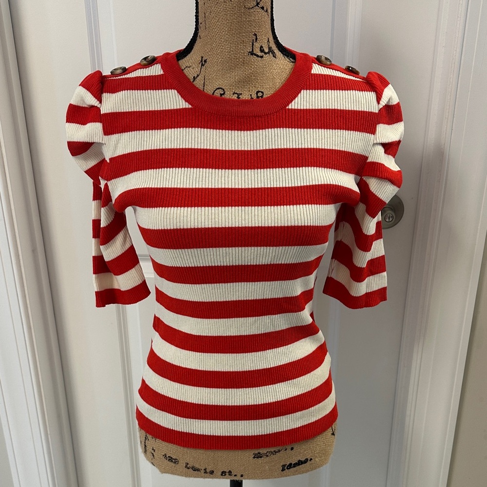 Moon River Red and Cream Striped Short Sleeve Top